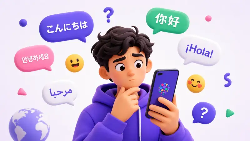 foreign friends chat puzzled phone speech bubbles
