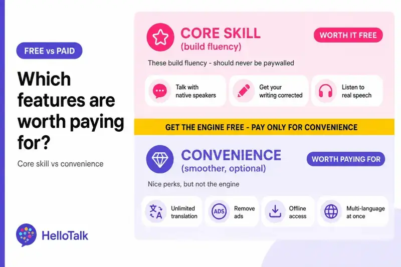 Infographic splitting language app features into free core-skill features and paid convenience features