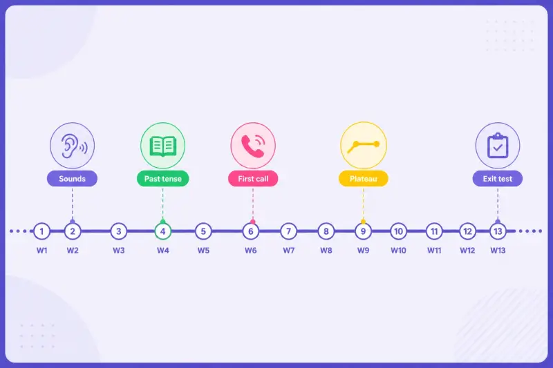 Thirteen-week French milestone timeline with weekly checkpoints