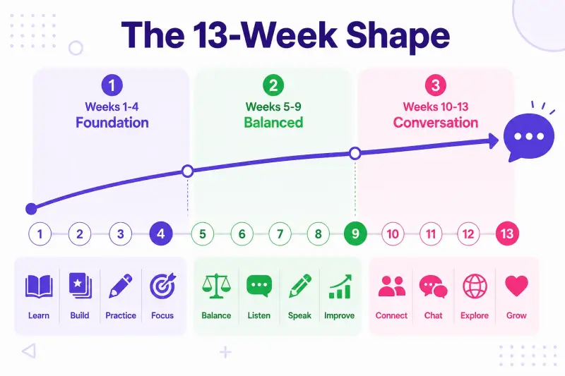 The 13-week French plan shape across foundation, balanced, and conversation-led phases