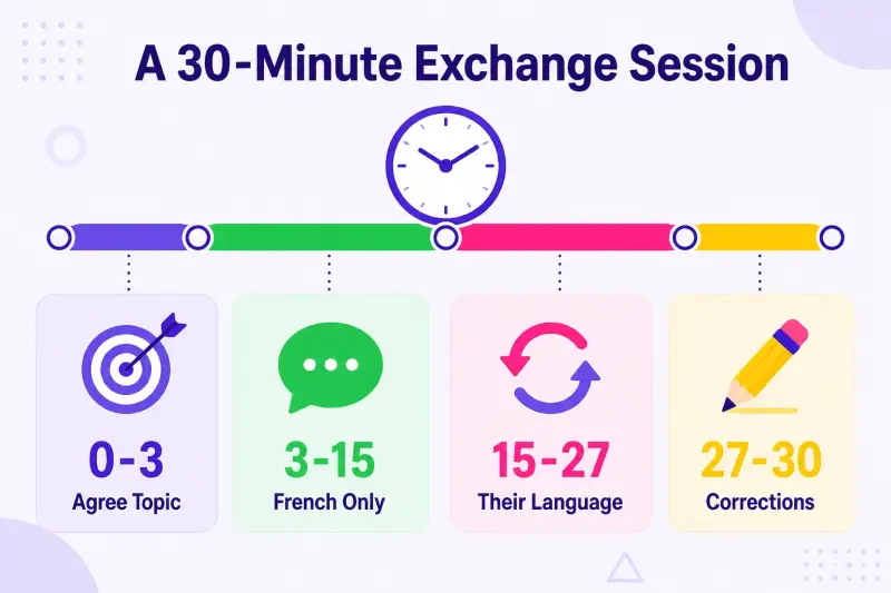 A 30-minute French exchange session split into agree-topic, French-only, partner-language, and correction segments