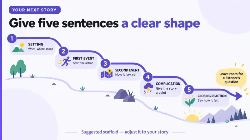 A five-sentence story scaffold moves from setting and events to a complication and closing reaction.
