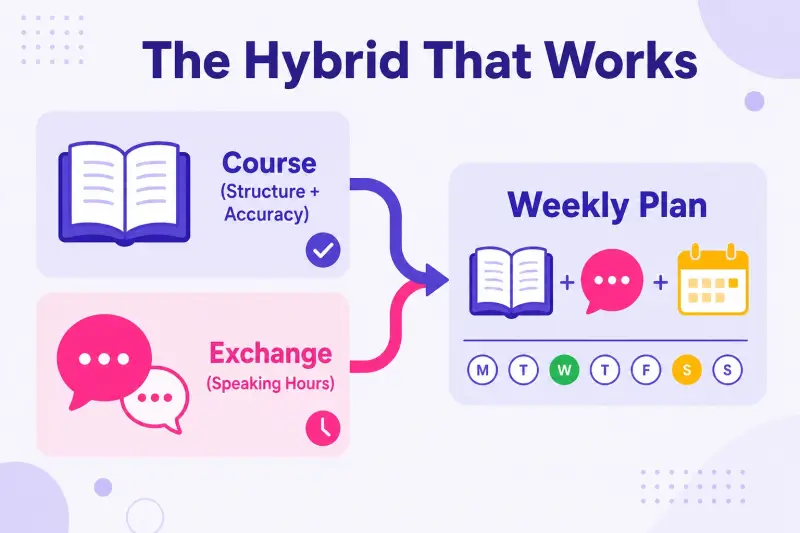 A hybrid French plan combining a structured course with exchange-partner speaking hours into a weekly plan