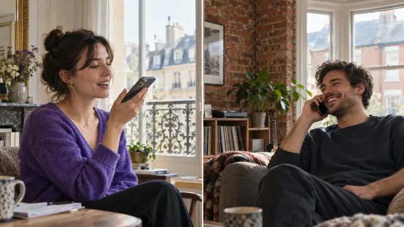 French language partners share an everyday story over a call from different homes.