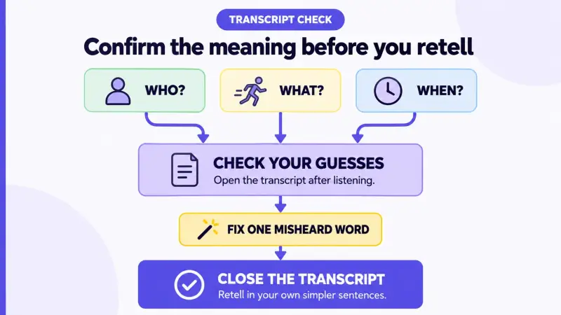 Check who, what and when before retelling a French clip