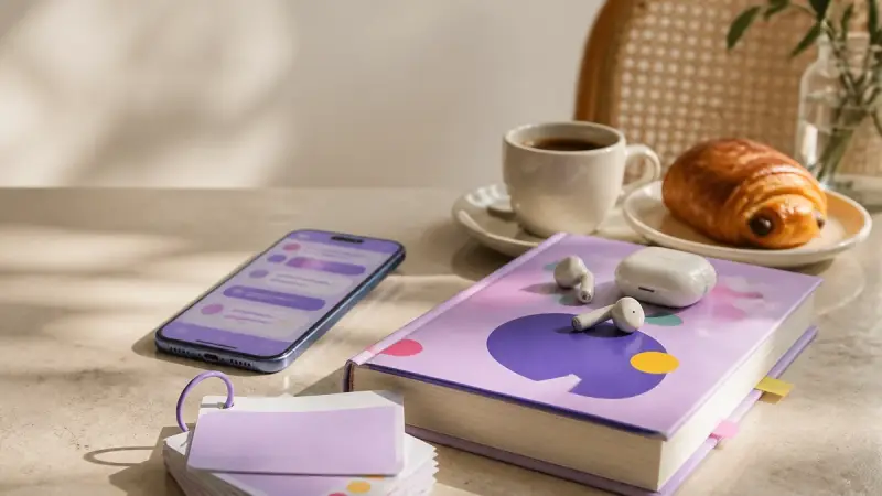 Still life of a French learning method stack: phrasebook, earbuds, phone and cards