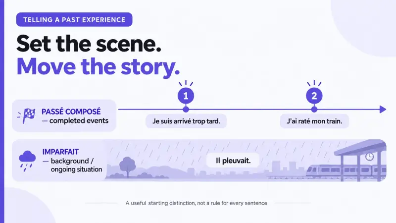 Imparfait provides the background while completed events in passé composé move a story forward.