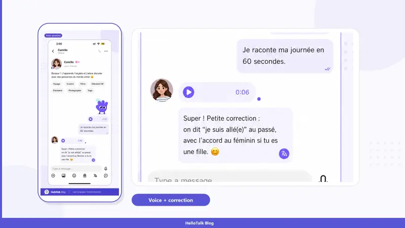 HelloTalk French voice message practice screen showing short daily speaking exchange with native feedback
