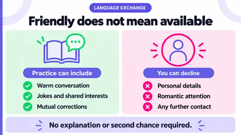 Language exchange can be friendly without requiring personal disclosure or romantic attention