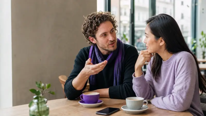 Two learners discussing German modal particles in a natural café conversation