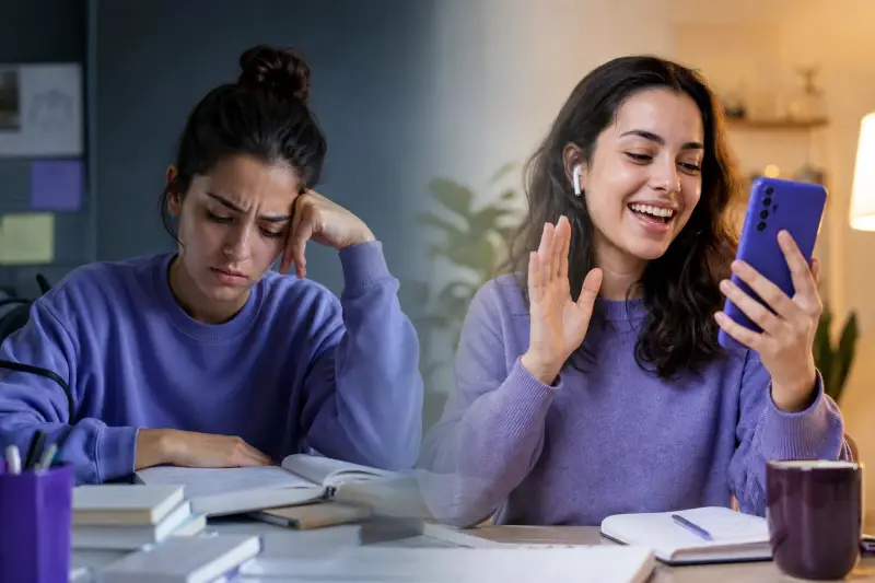 Friends practicing a language through video chat