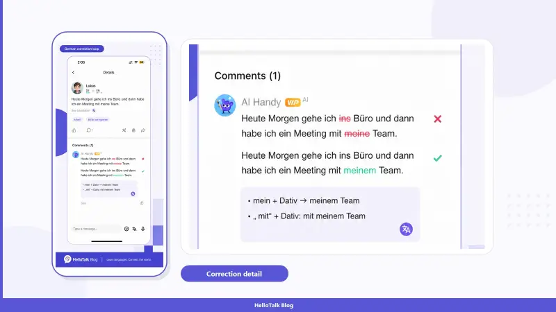 HelloTalk German correction popup showing native feedback on case or word-order mistakes in chat