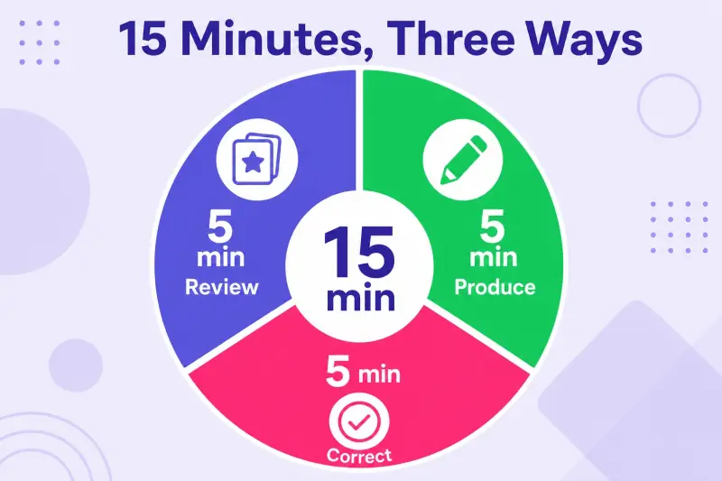 A 15-minute daily German grammar routine split into review, production, and correction