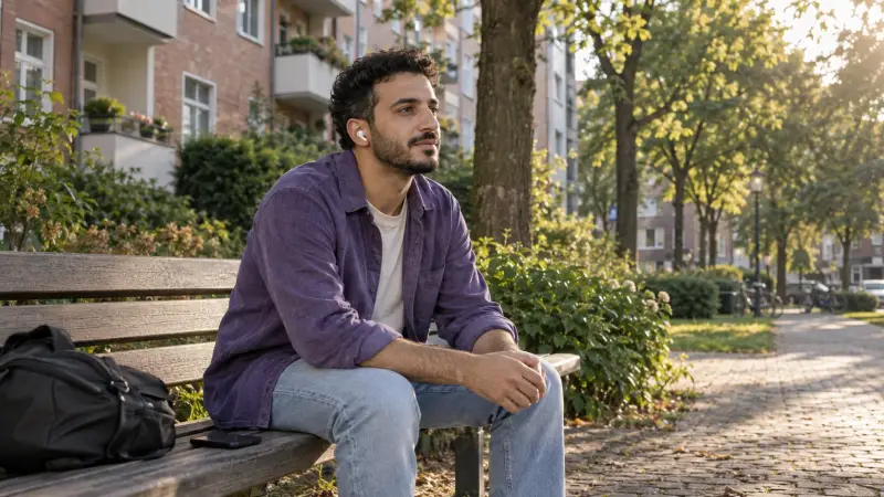A learner listens attentively to beginner German audio in a quiet park.