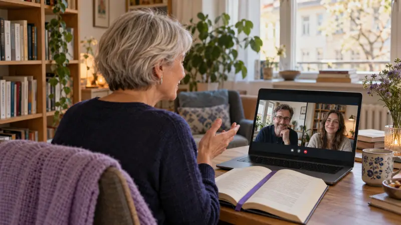 A reader discusses a book with an online German reading group from home.