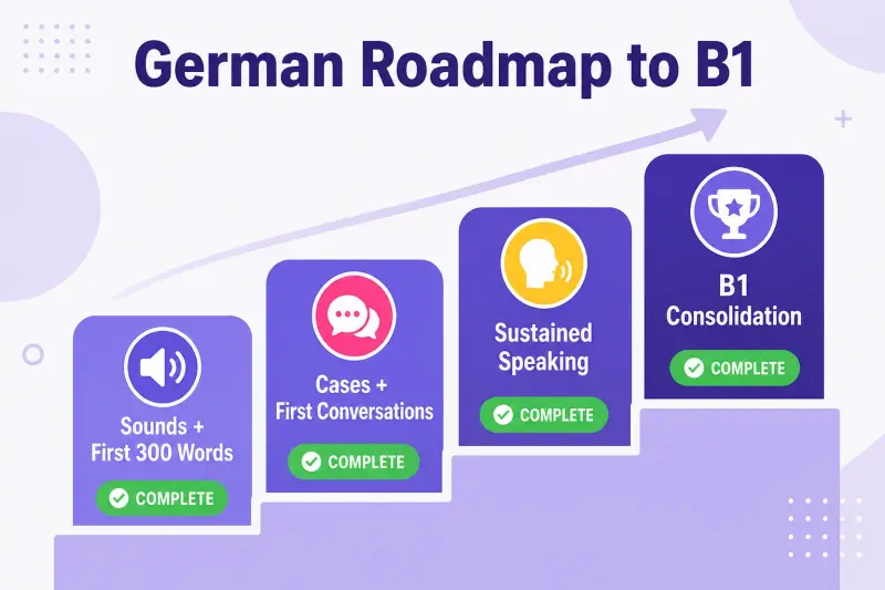 Four-stage German learning roadmap to B1, from sounds and first words to B1 consolidation