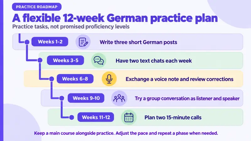 A flexible German practice roadmap with five phases across weeks one to twelve, from short posts to planned calls