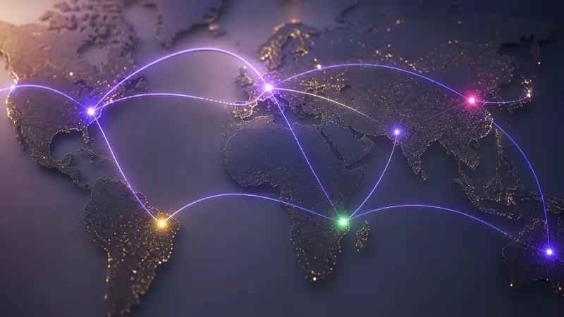 A glowing world map with connection routes between cities