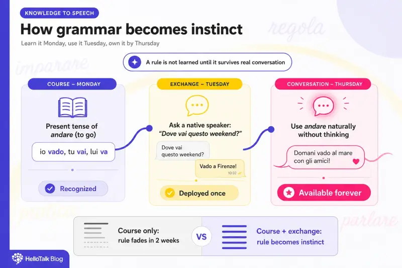 Grammar to speaking practice flow infographic