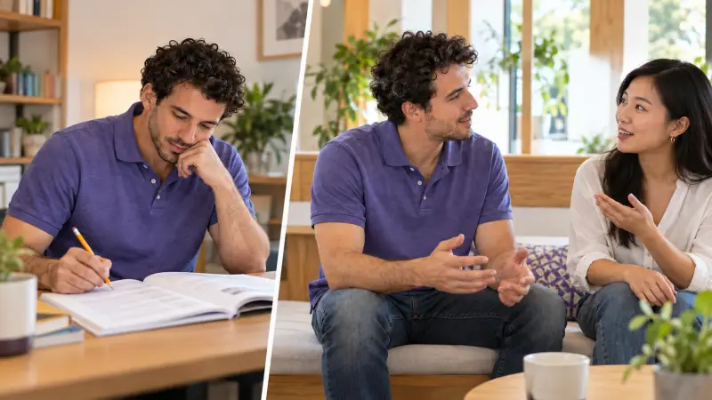 Two complementary practice moments show grammar study and an unscripted conversation.