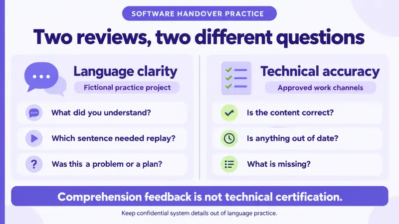 Separate language clarity practice from technical accuracy review through approved work channels