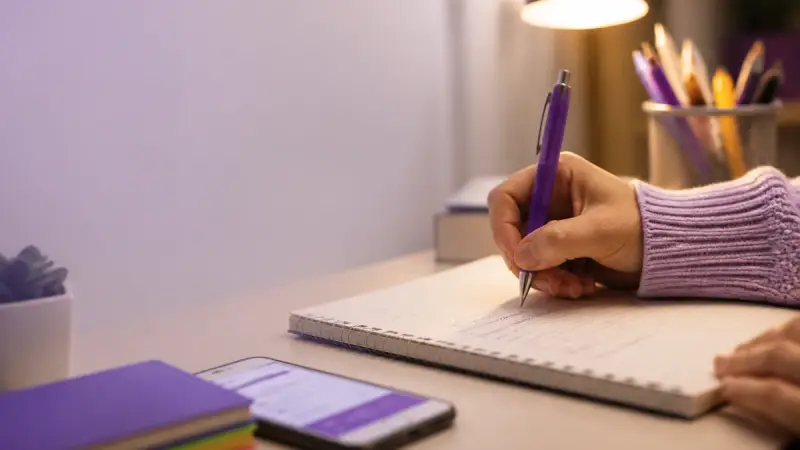 Hands writing German grammar notes in a notebook