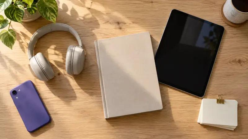 Language study tools including headphones, phone, tablet, and course materials arranged by task