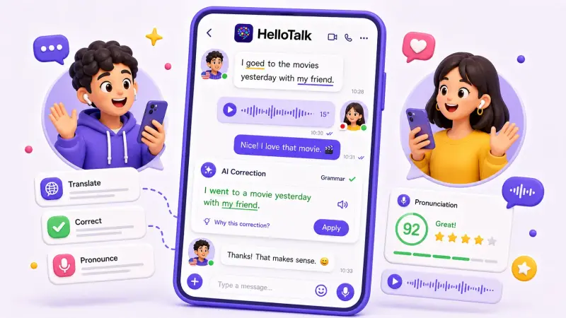 HelloTalk AI learning tools chat window