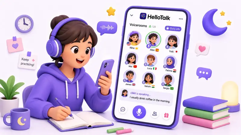 HelloTalkの音声ルームで複数のユーザーと語学を練習するイメージ