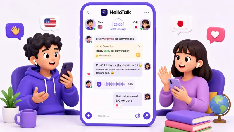2言語を使いながら言語交換チャットを続けるイメージ