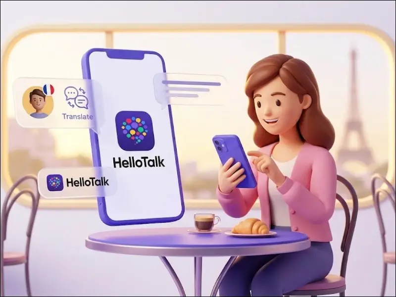 A learner using a phone in a café as part of a daily French practice routine