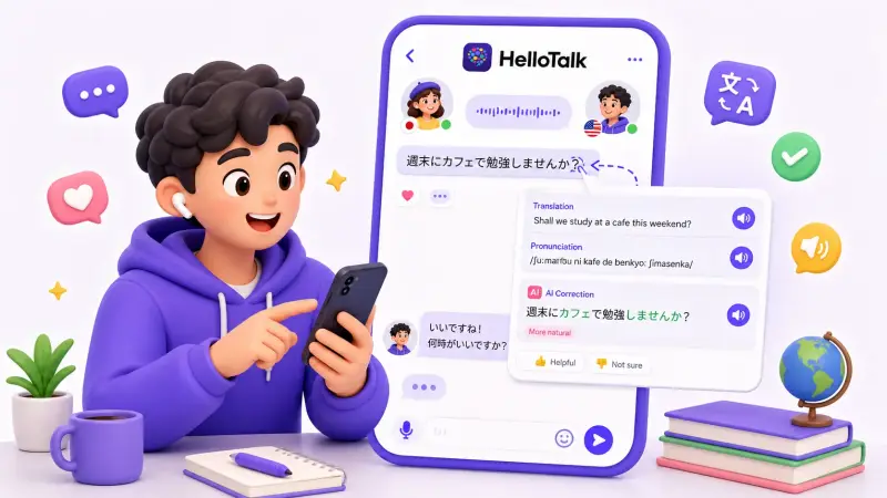 翻訳や訂正機能を使いながらチャットで語学を学ぶHelloTalkのイメージ