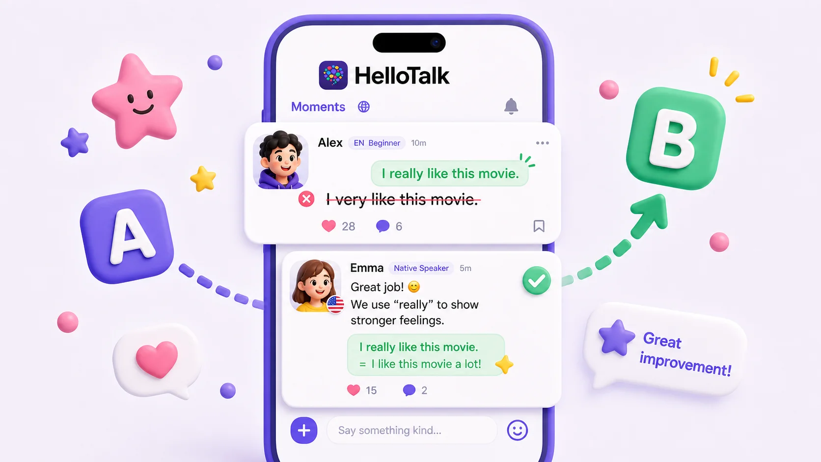 hellotalk english correction moments card