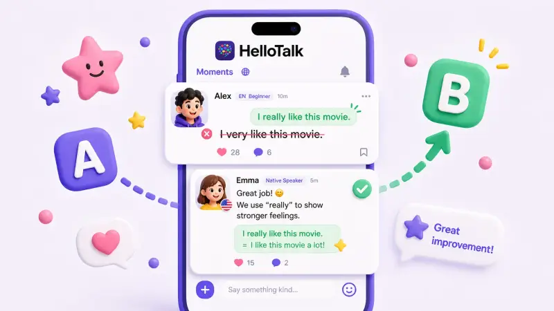 hellotalk english correction moments card