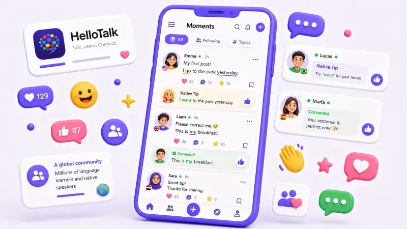 HelloTalk Moments feed community posts