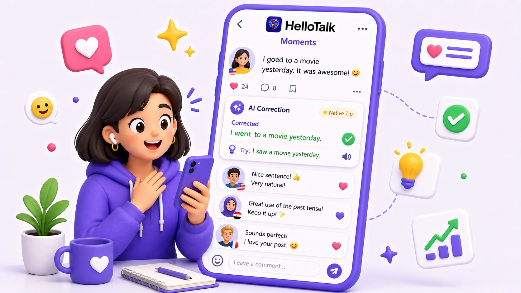 HelloTalk Moments feedback and corrections for Spanish practice
