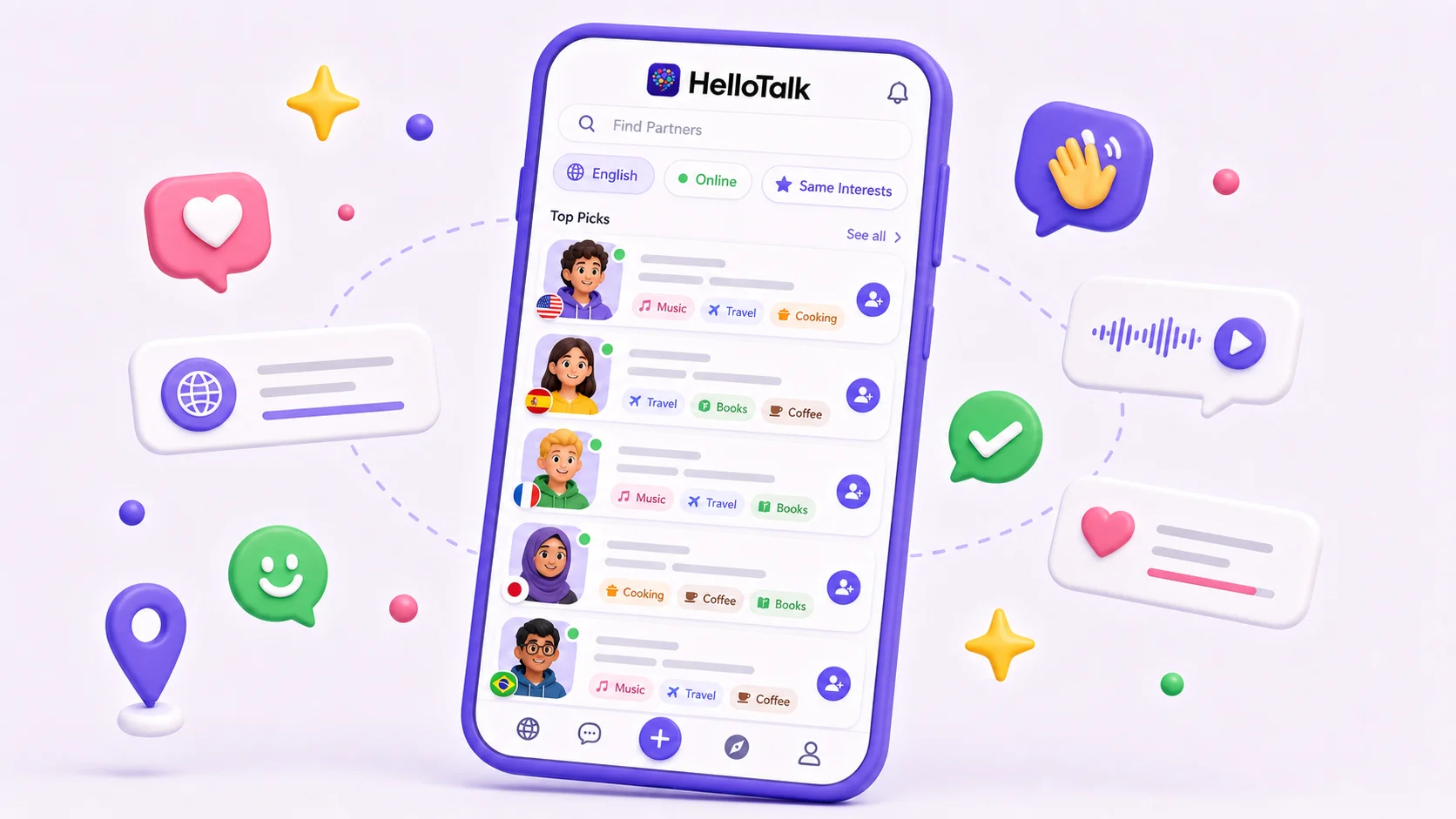 HelloTalk partner discovery screen with language and interest matching