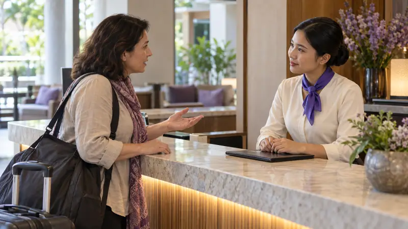 A hotel receptionist asks a guest for details before confirming a room change.