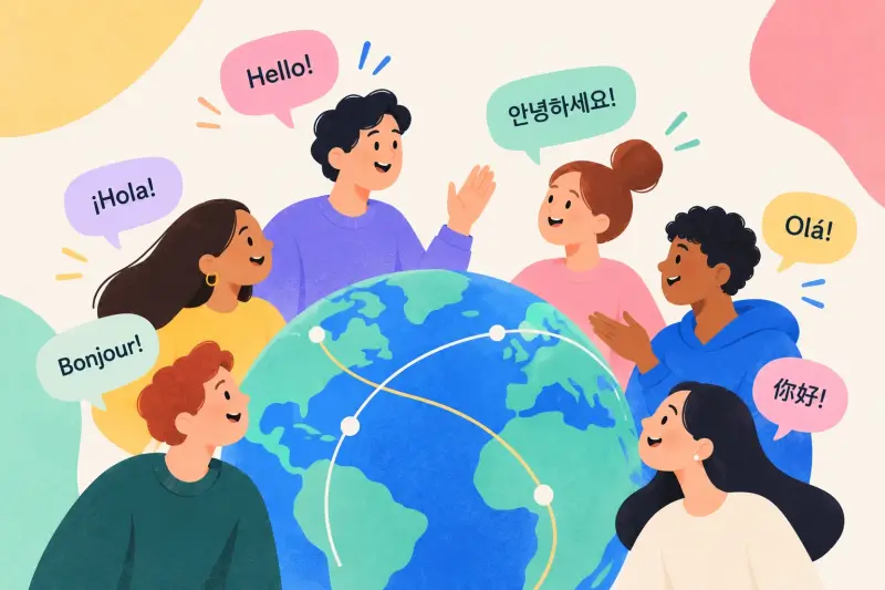 세계 여러 언어 학습자와 음성 및 메시지로 소통하는 모습