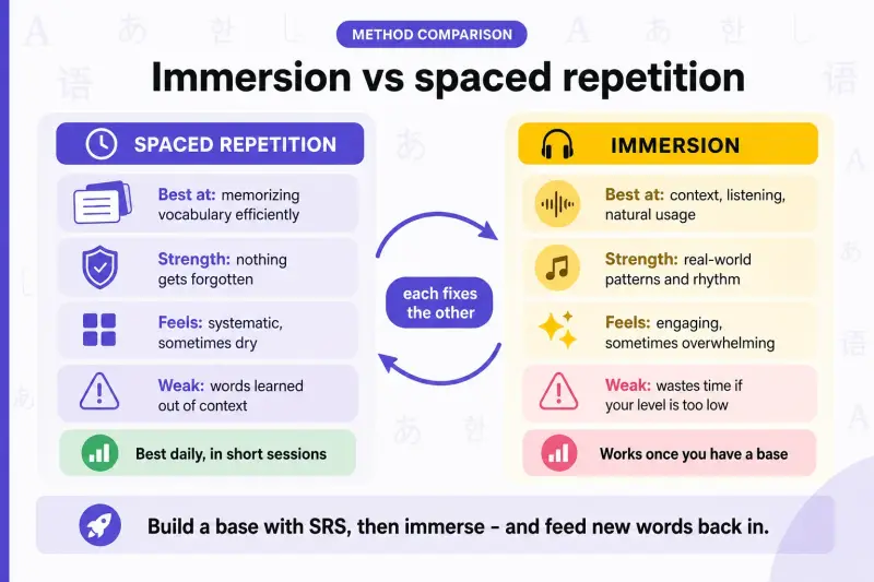 Immersion and spaced repetition method comparison infographic