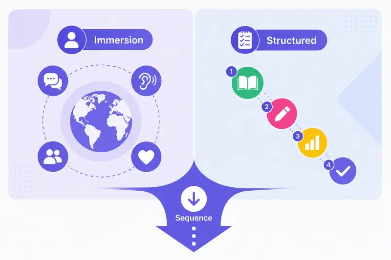 Split contrast of immersion versus structured learning with a recommended sequence