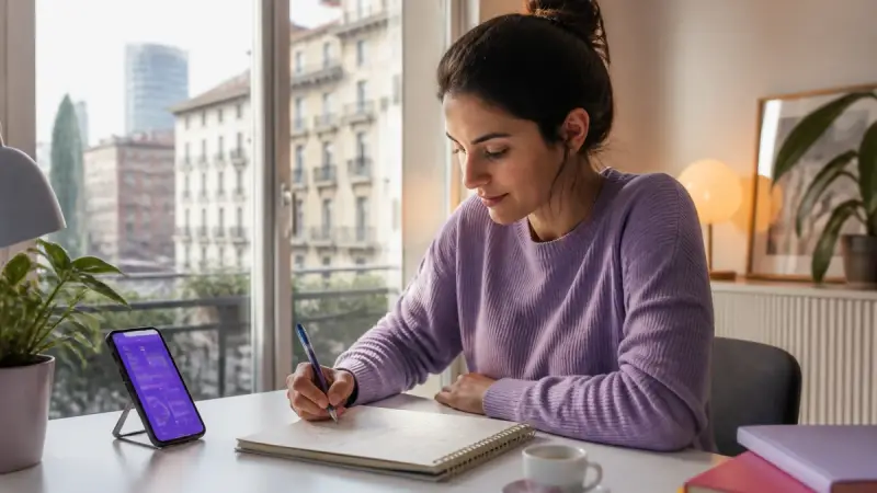Quiet desk set up for a daily Italian study routine with espresso