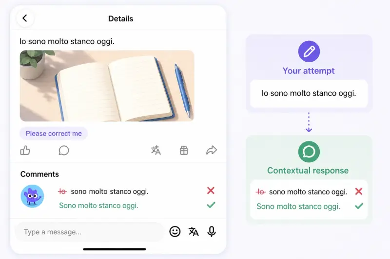 HelloTalk Moments correction showing how a real response can refine a beginner Italian sentence