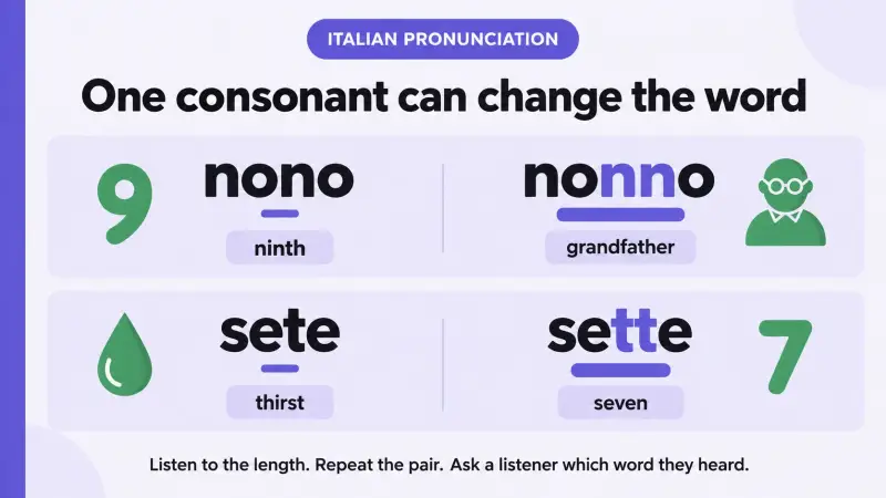 Italian single and double consonant pairs nono and nonno, sete and sette