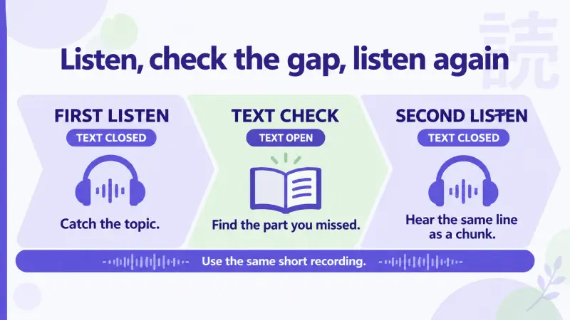 A Japanese listening routine alternates audio without text, a targeted text check, and listening again without text.