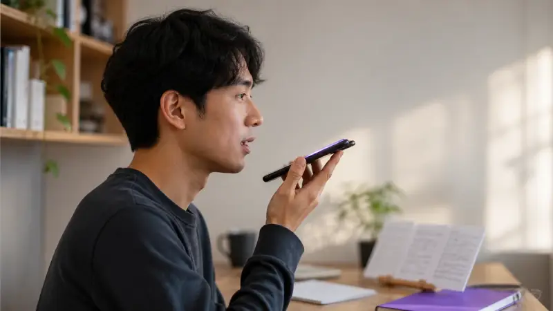 A Japanese beginner recording a first short voice exchange while studying kana