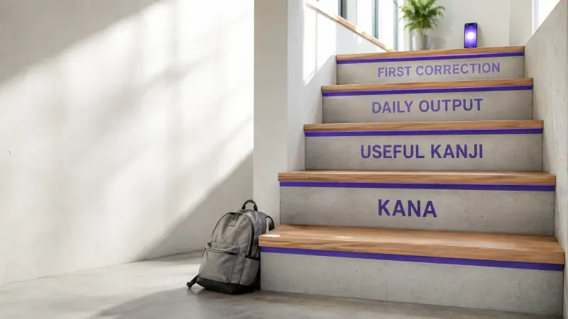 A Japanese beginner climbing a realistic sequence of learning milestones