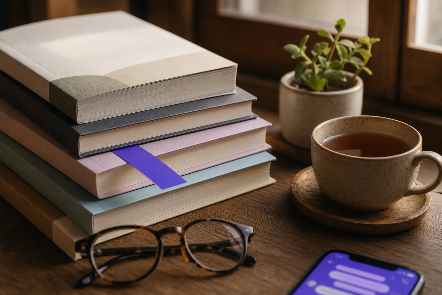Japanese books coffee and language app on a desk