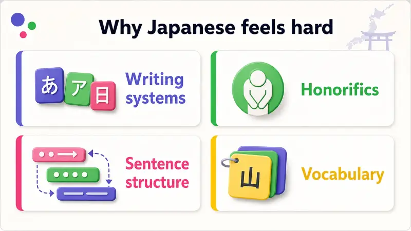 Infographic showing the 4 core difficulty factors in learning Japanese: writing systems, honorifics, sentence structure, and vocabulary