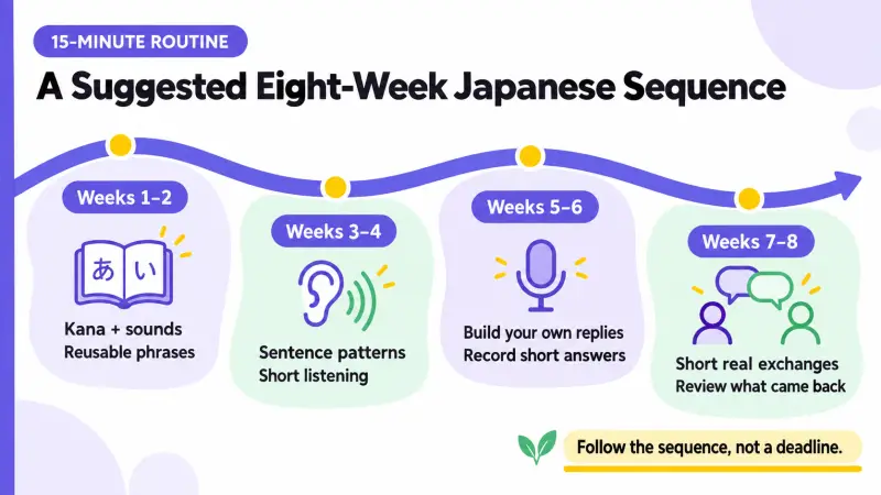Suggested eight-week Japanese sequence from kana and sounds to short conversations and review